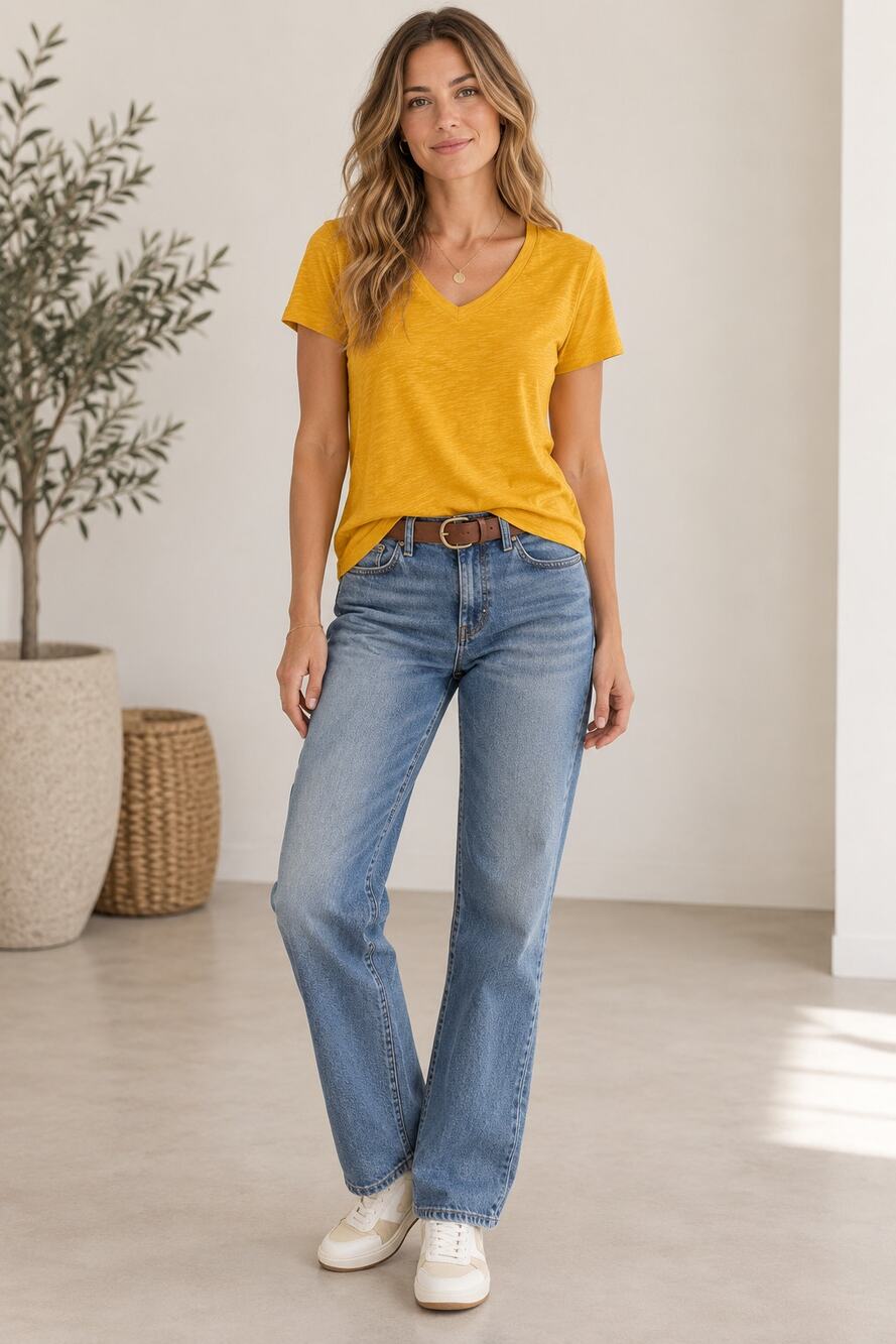 Goldie Lewinter Golden Yellow V-Neck Slub Cotton Tee, Size S